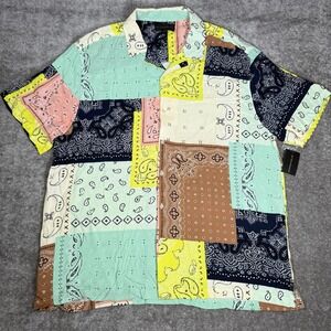No Boundaries Shirt Men's 2XL Resort Camp Bandana Patchwork‎ Short Sleeve